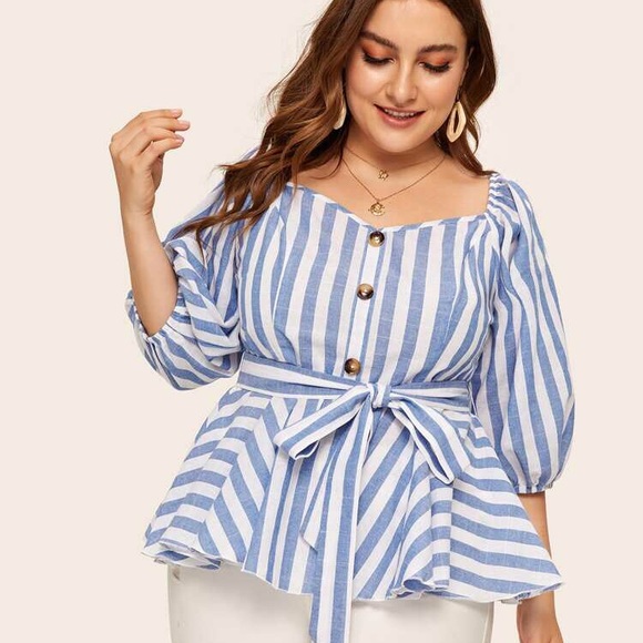 Striped Peplum Top with Button Front Belt - Picture 3 of 4